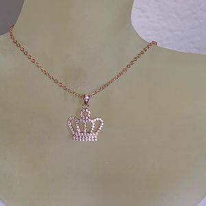 NWOT Rose Gold (Pink) Tone Pave CZ Crown Pendant + Chain